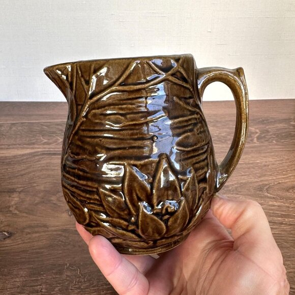 Vintage 1930s McCoy Brown Lotus Water Lily Pitcher 5" Tall Ceramic Embossed - Picture 8 of 9